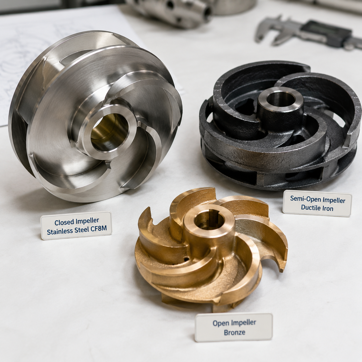 Closed, semi-open, and open pump impeller castings