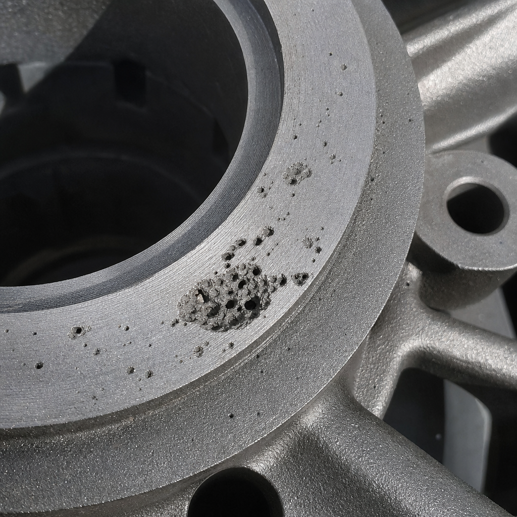 Sand holes and porosity defects on a cast iron pump housing