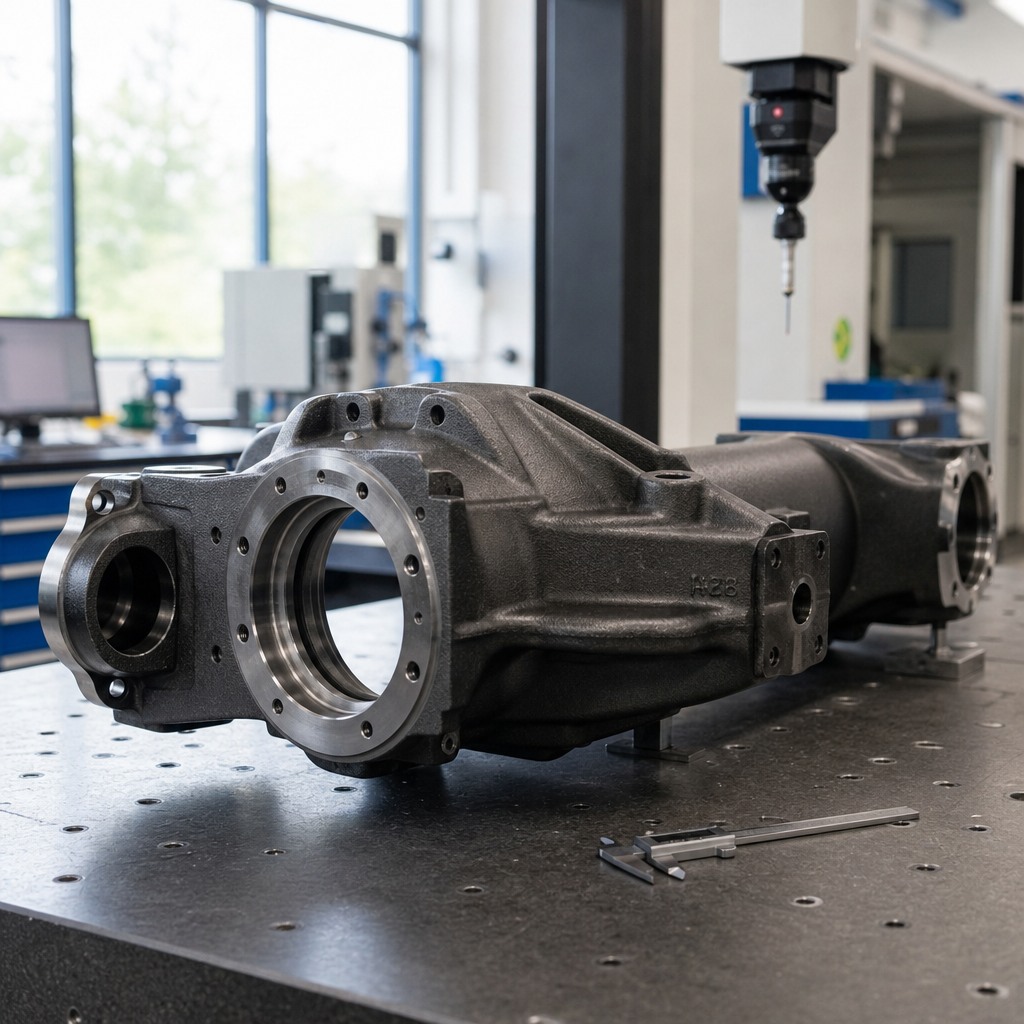 Ductile iron truck axle housing casting under inspection