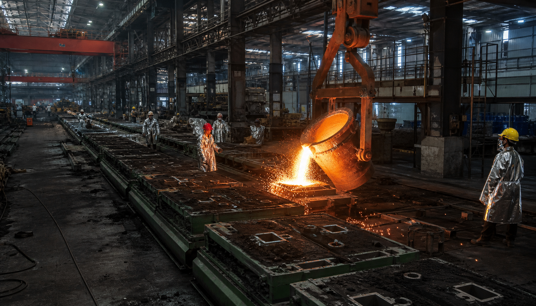 Iron casting foundry in China pouring molten metal for truck components