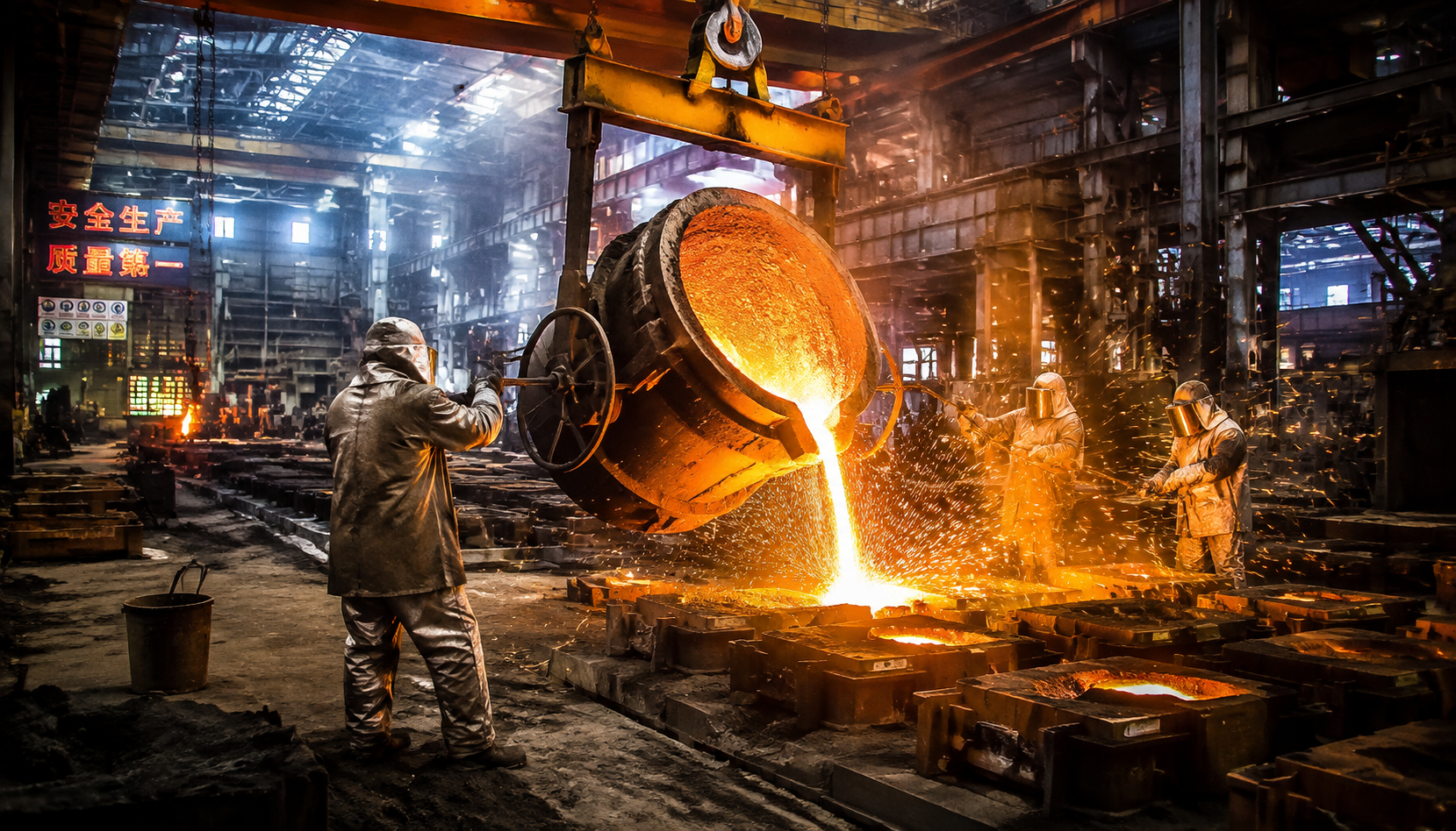 Valve casting foundry in Wenzhou, China, pouring molten steel into sand molds