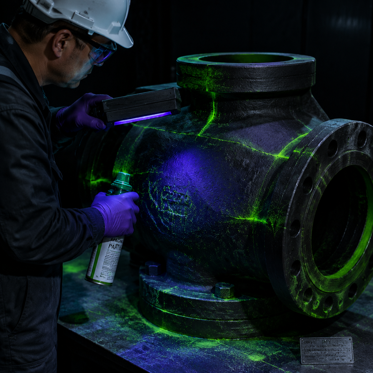 Magnetic particle inspection of a cast steel valve body