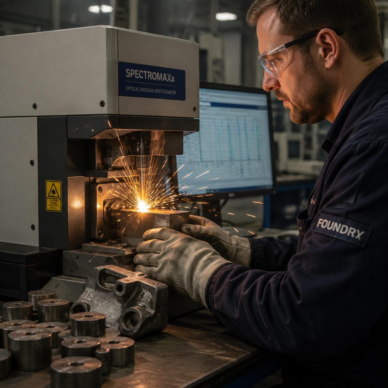 Spark spectrometer analysis of a cast steel sample in a foundry laboratory