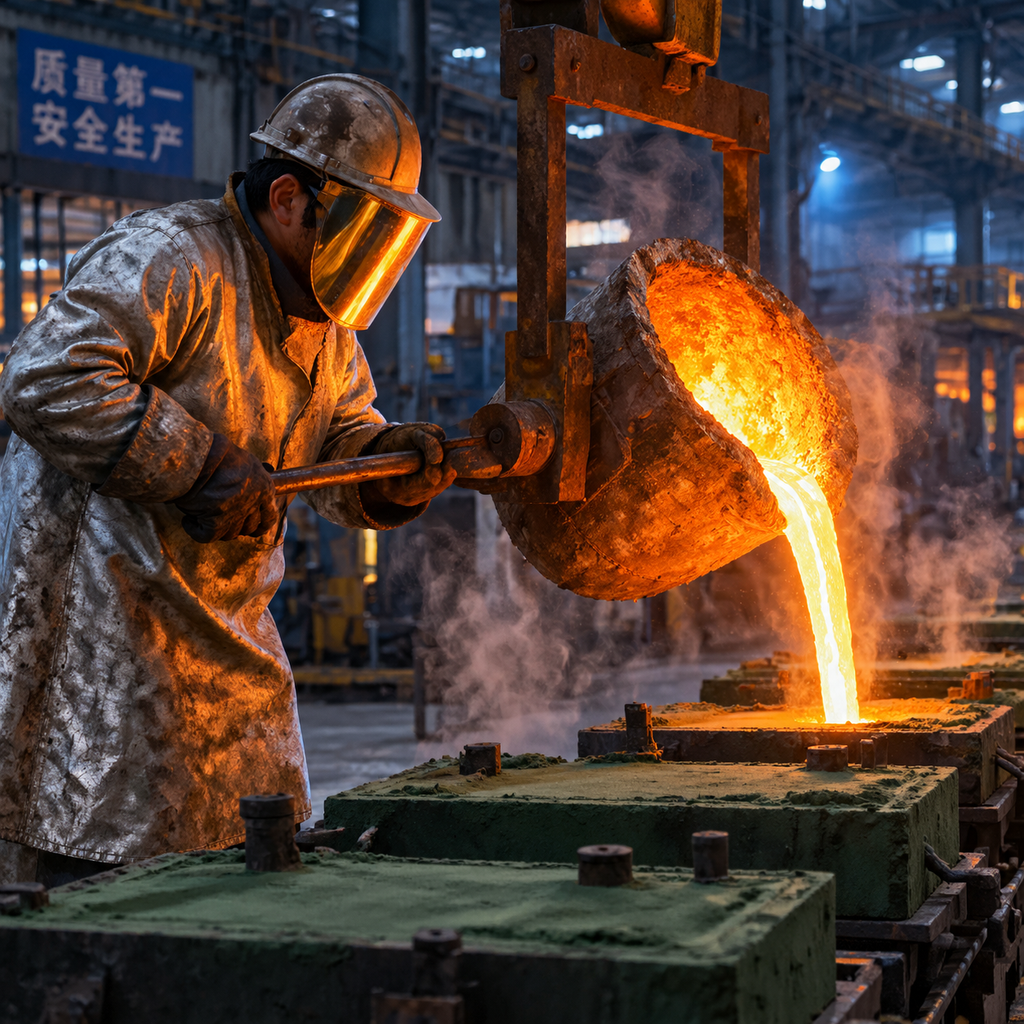 Worker pouring molten iron into a sand mold