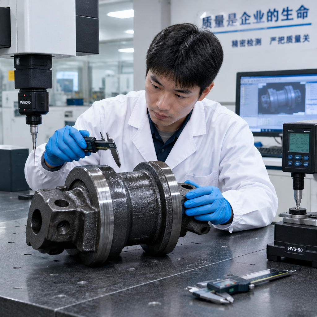 QC technician inspecting a ductile iron casting
