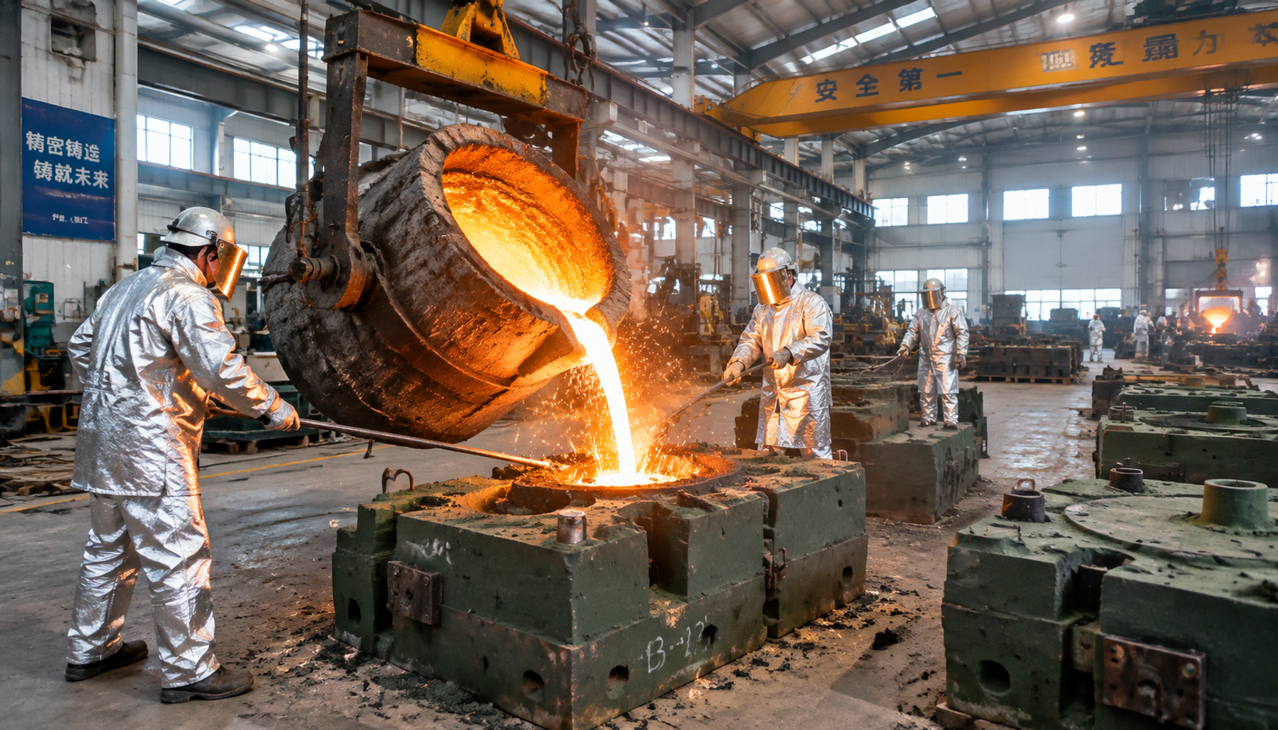 Copper alloy casting foundry floor in China with molten bronze being poured