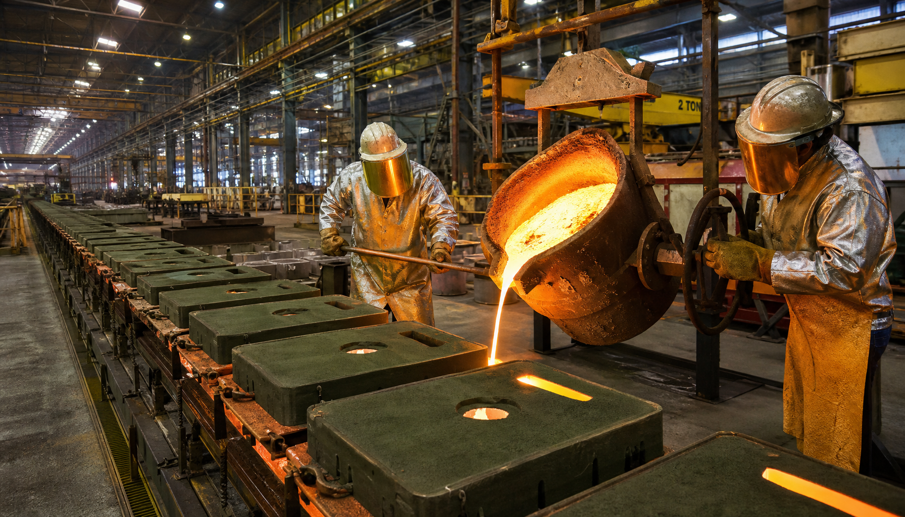 Copper alloy sand casting foundry with molten metal being poured
