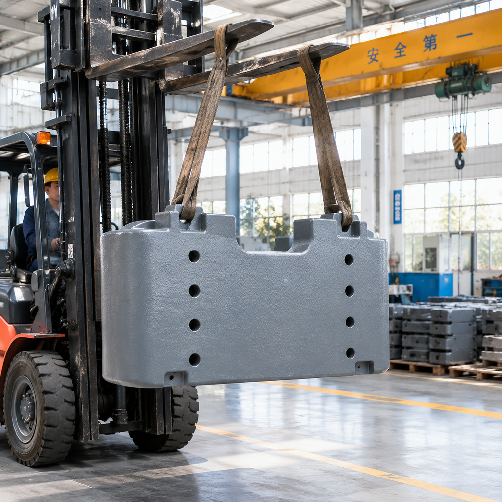 Finished counterweight casting being lifted at Chinese foundry