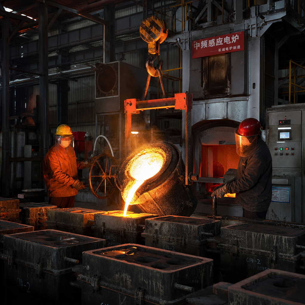Foundry pouring molten high chrome iron
