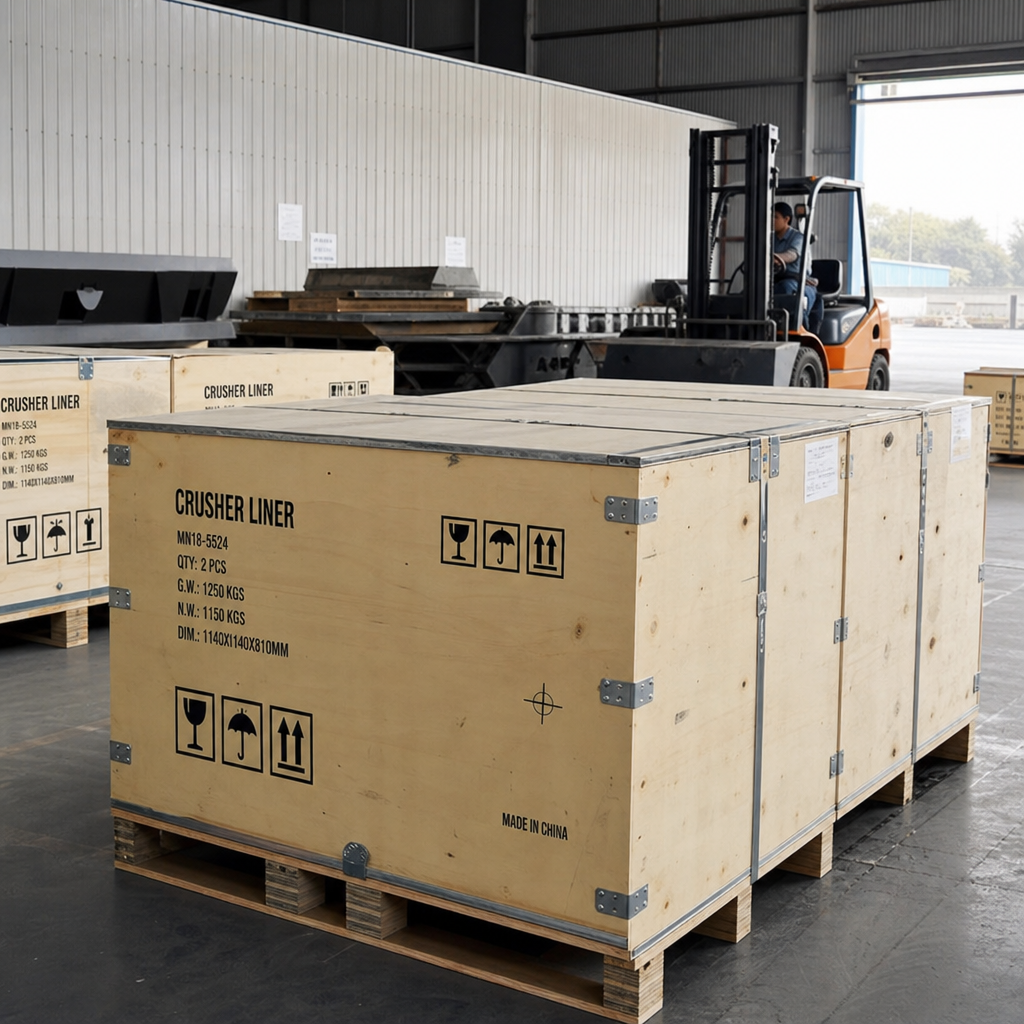 Export crates of crusher liners in warehouse