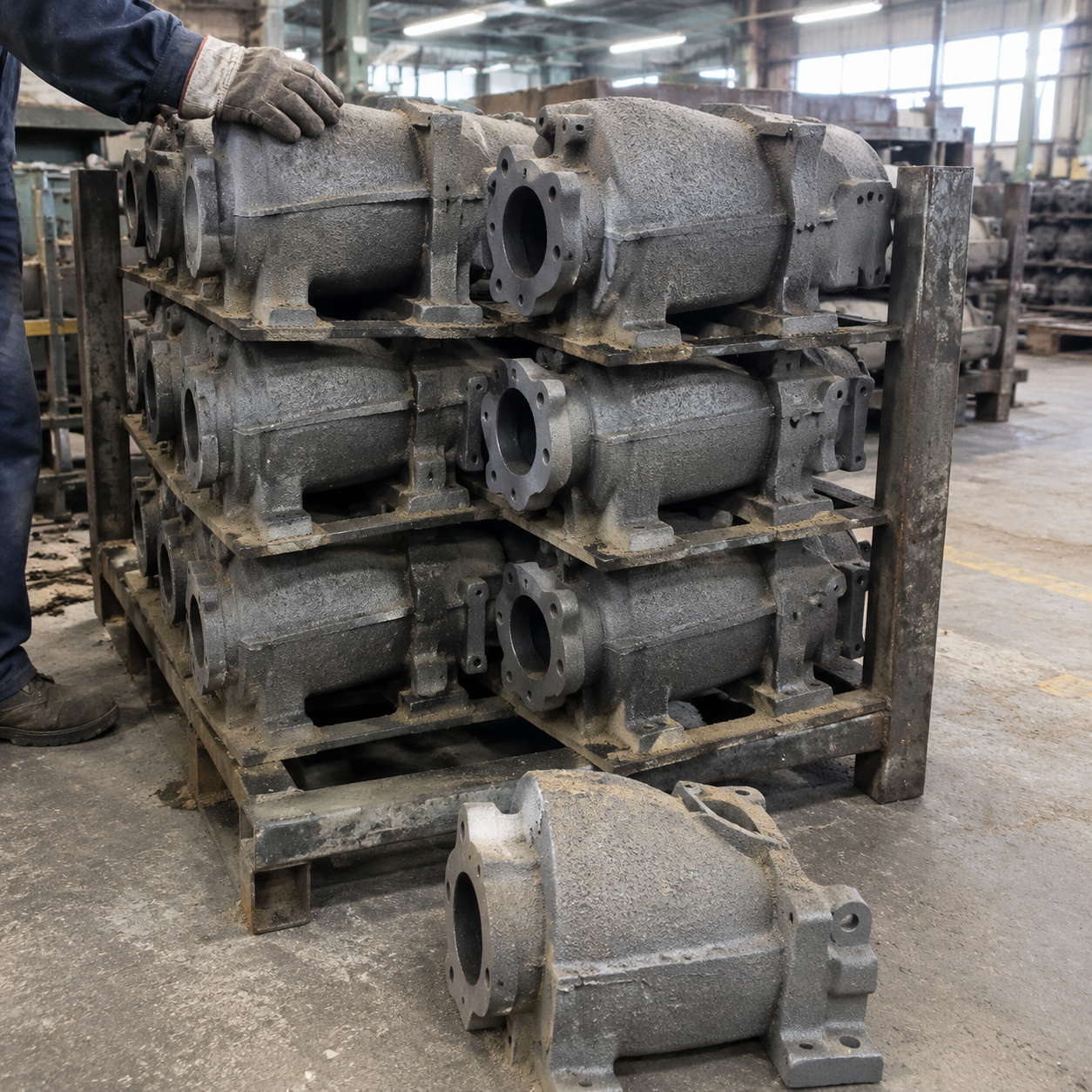 As-cast gray iron housings on a rack after shakeout