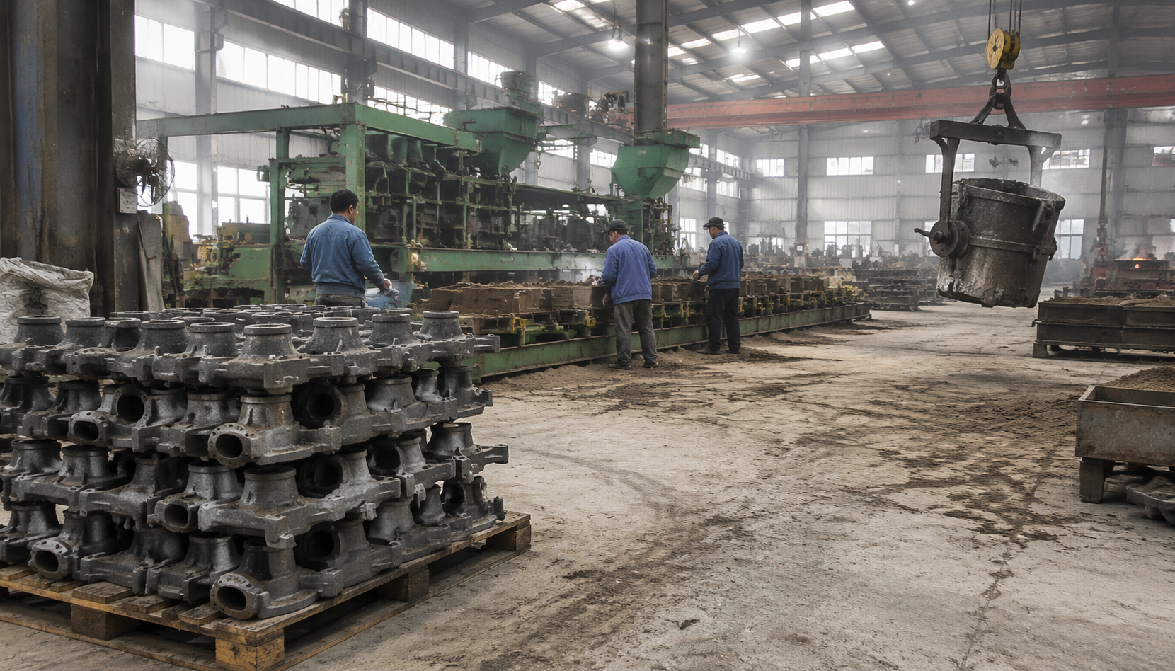 Foundry floor with gray iron castings on a pallet