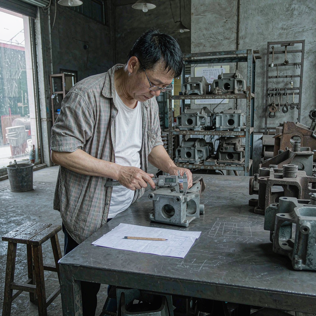 Inspector measuring a gray iron casting with a caliper