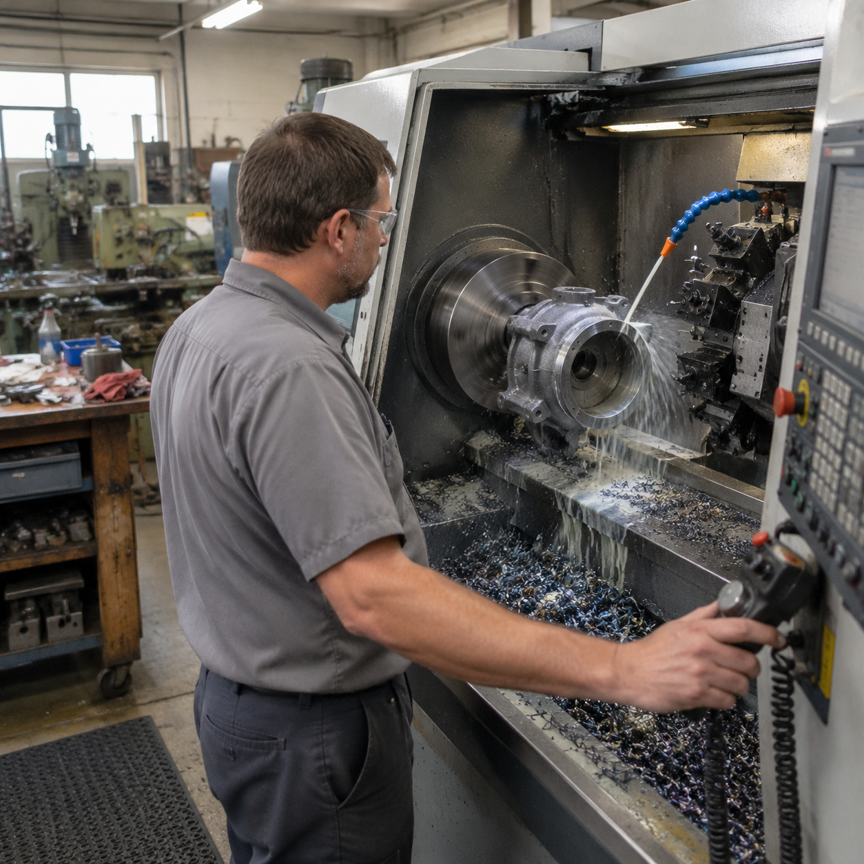 Machinist turning a cast iron housing on a CNC lathe