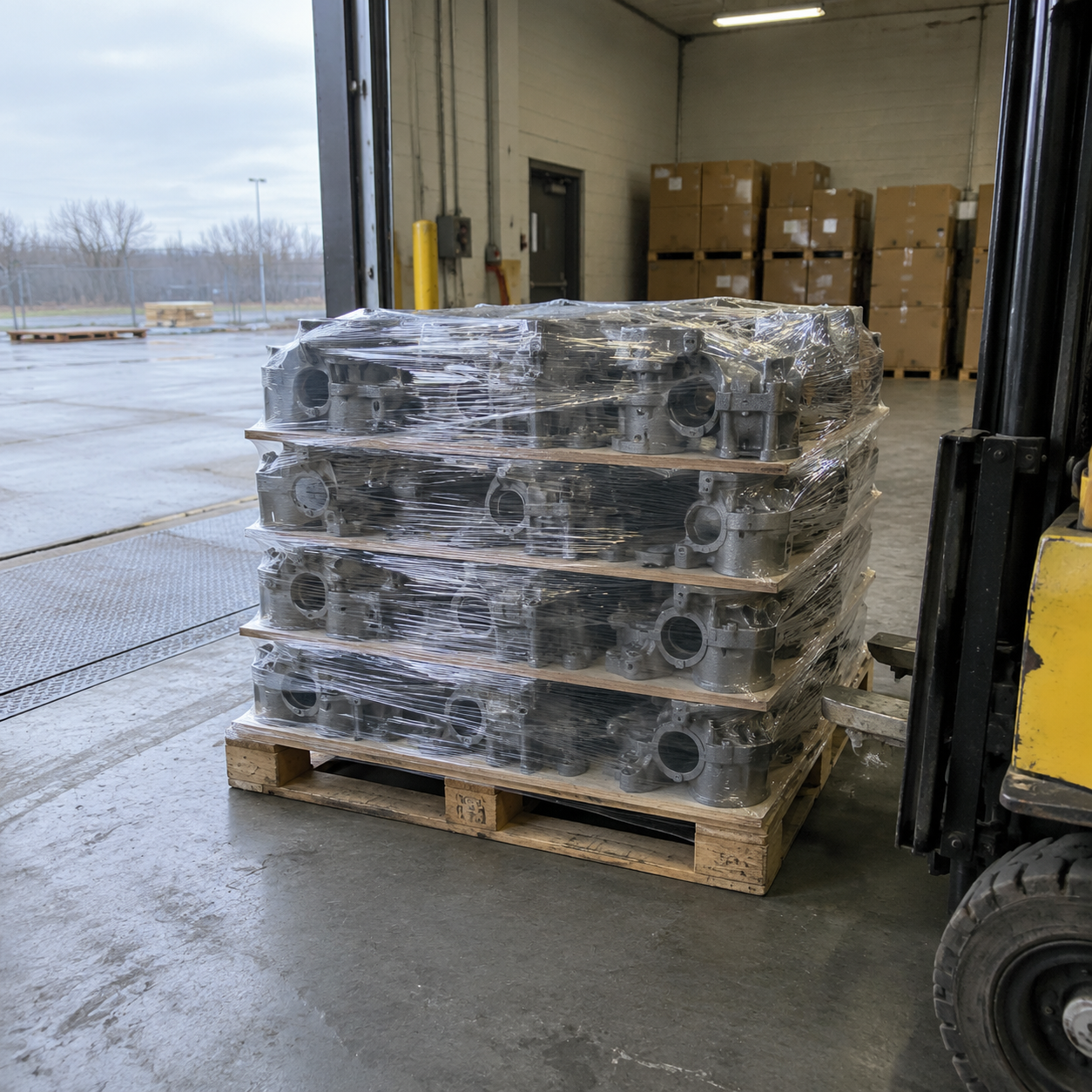 Pallet of wrapped gray iron castings on a loading dock