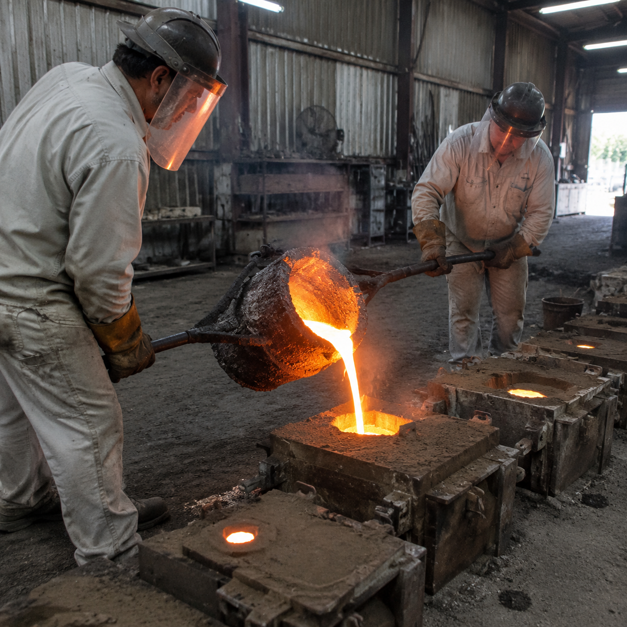 Workers pouring molten iron from a ladle into sand molds