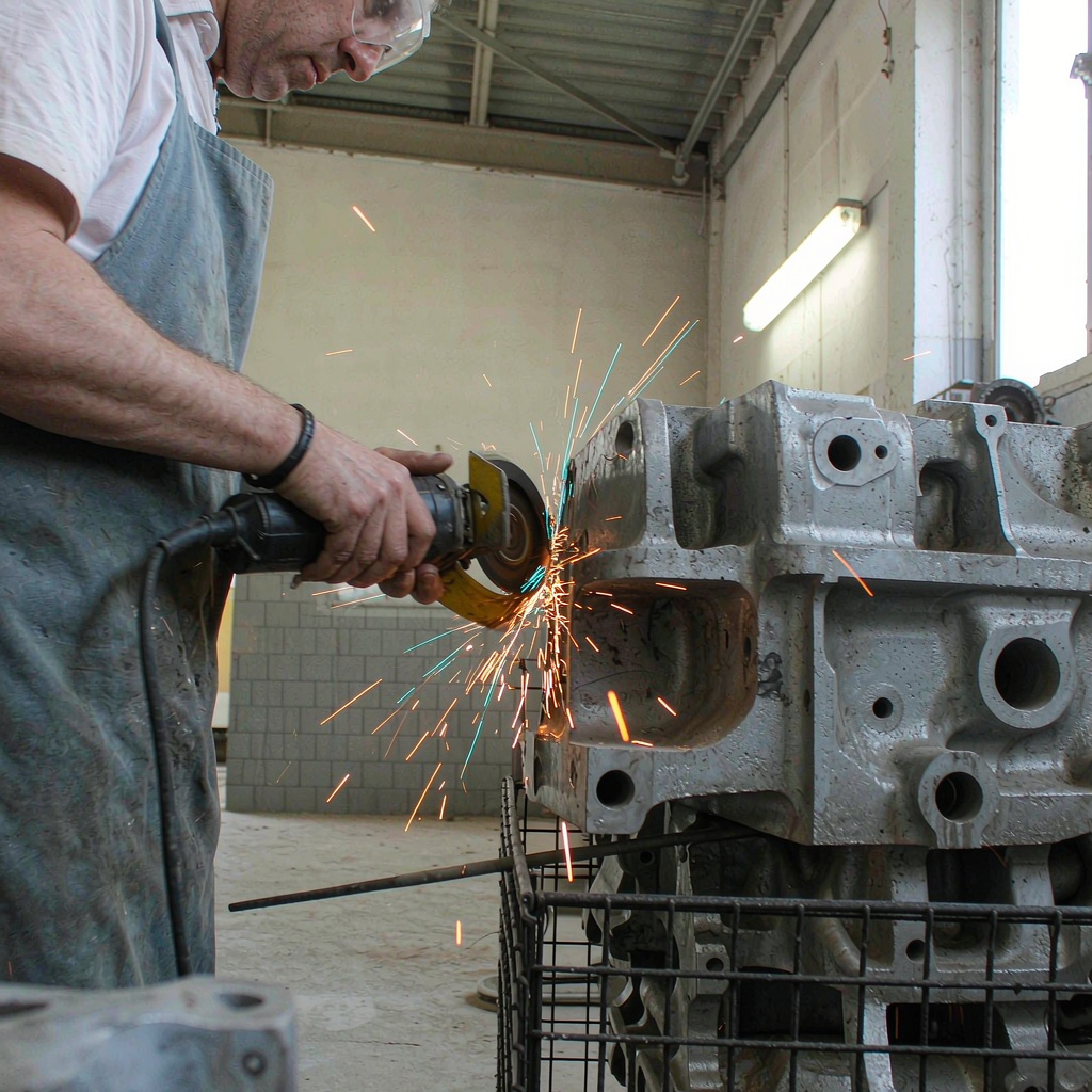 Worker grinding a gate stub off a gray iron casting