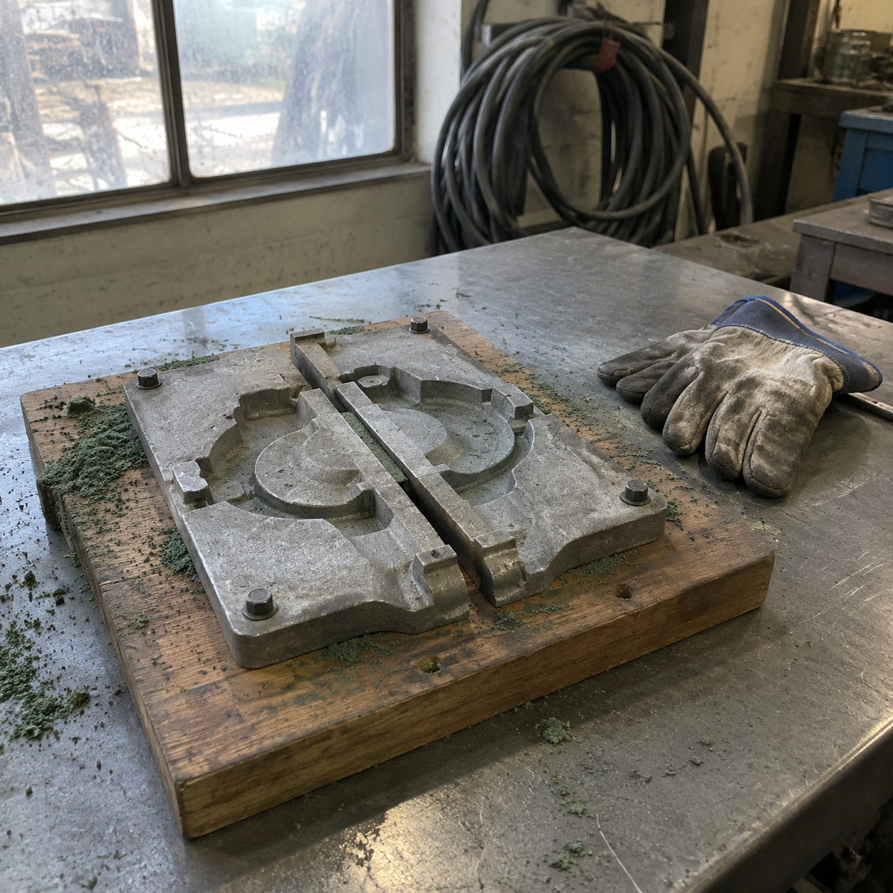 Pattern board with gray iron pattern halves on a foundry workbench