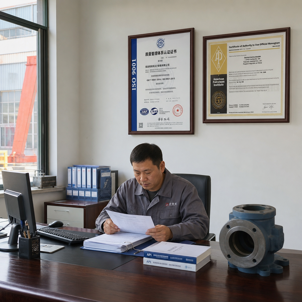 ISO 9001 and API certificates displayed in a Chinese foundry office