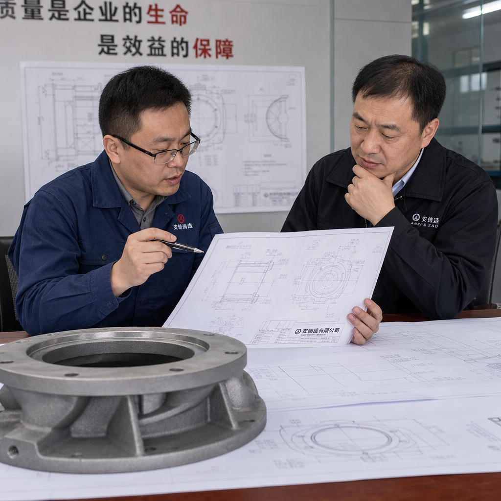 Engineers discussing a pump casing drawing at a Chinese foundry
