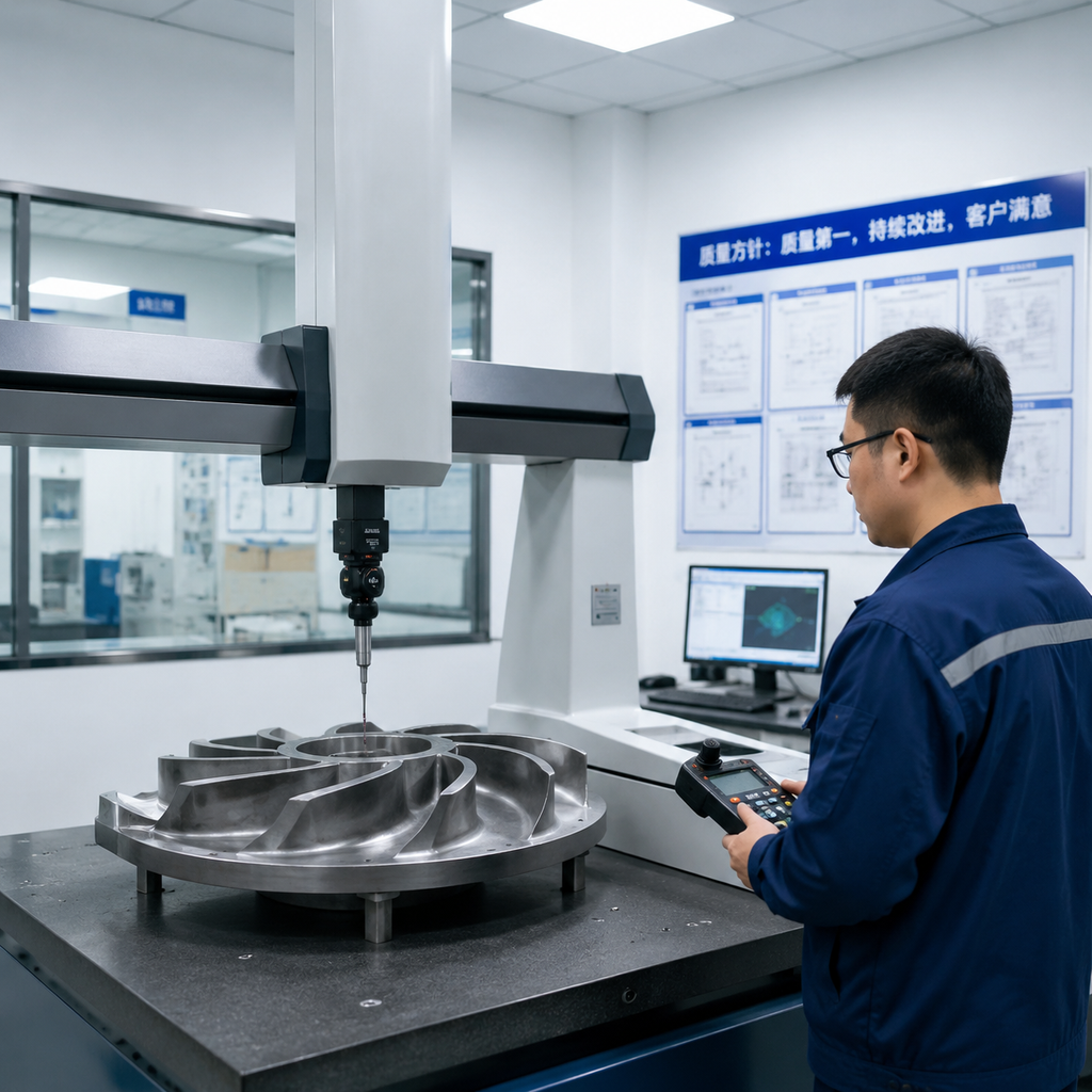 Inspector measuring a pump impeller with a CMM machine