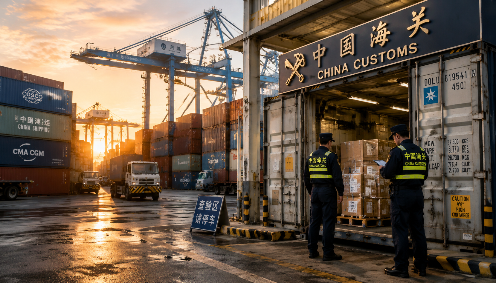 Container port customs inspection area at sunrise