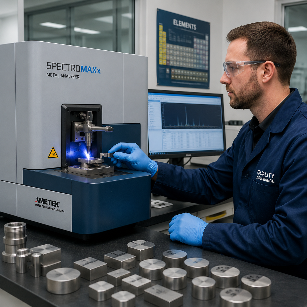 Spectrometer analysis of metal composition in QC lab