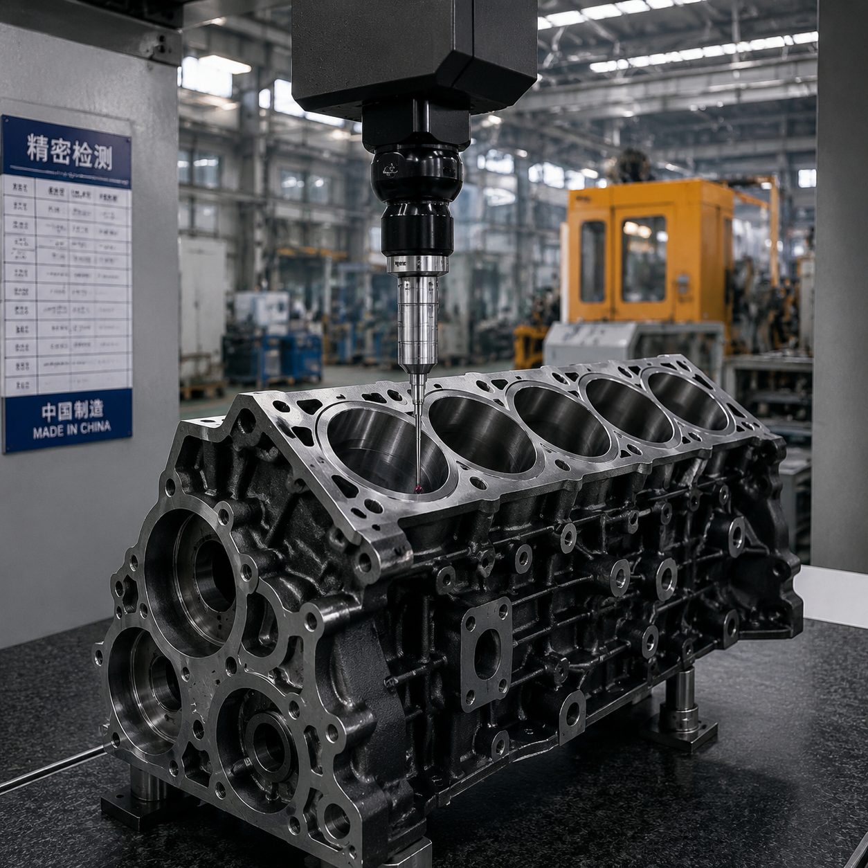 CMM probe measuring a critical bore on a cast iron engine block