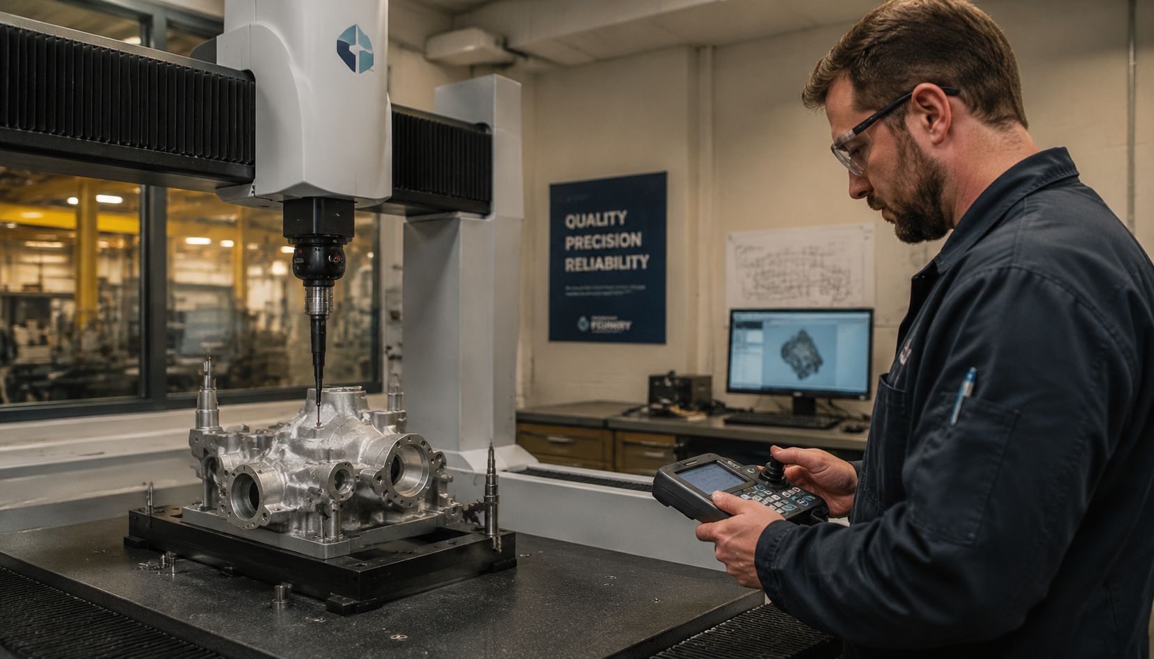 CMM dimensional inspection of an automotive casting in a German quality lab