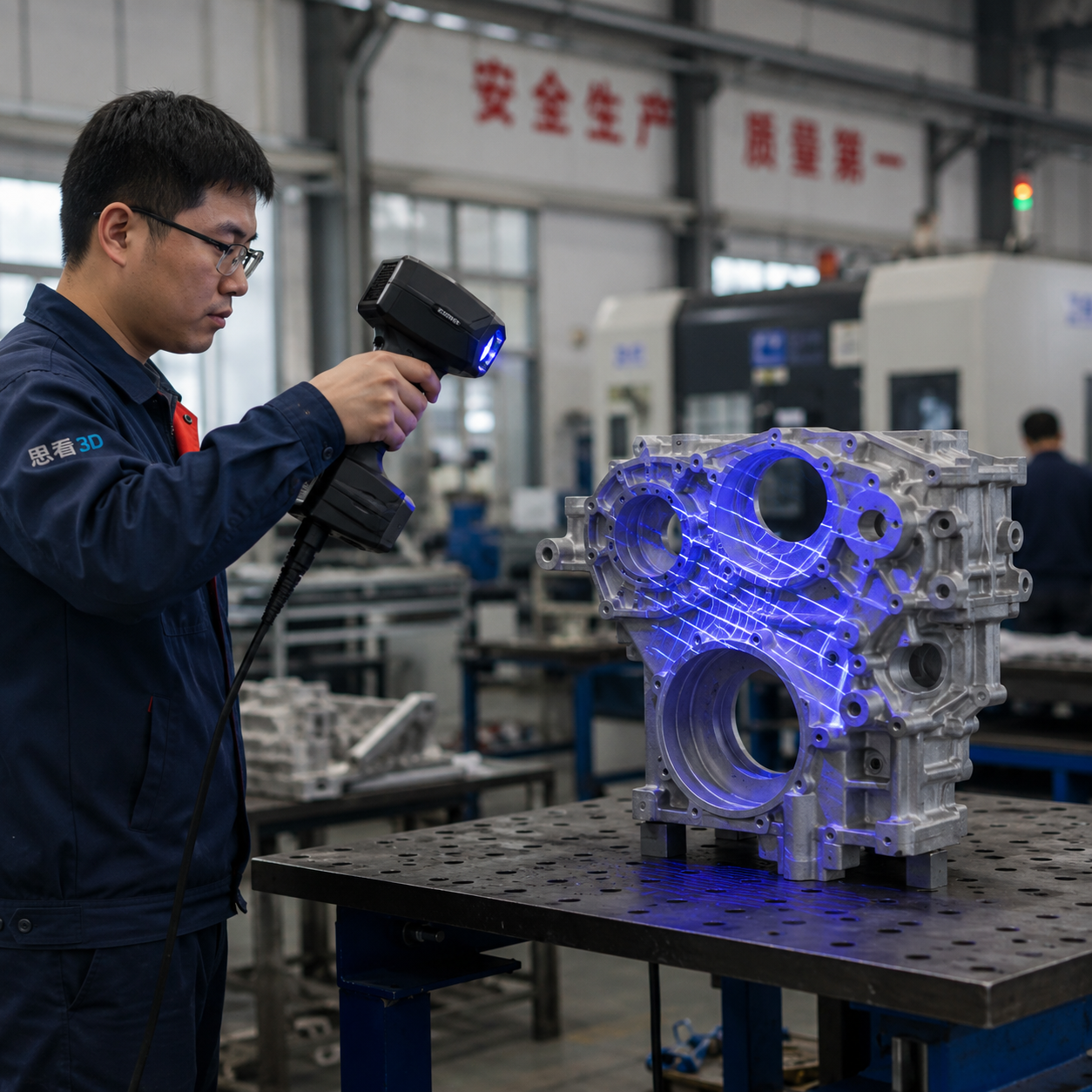 Blue light 3D scanner measuring an aluminum casting
