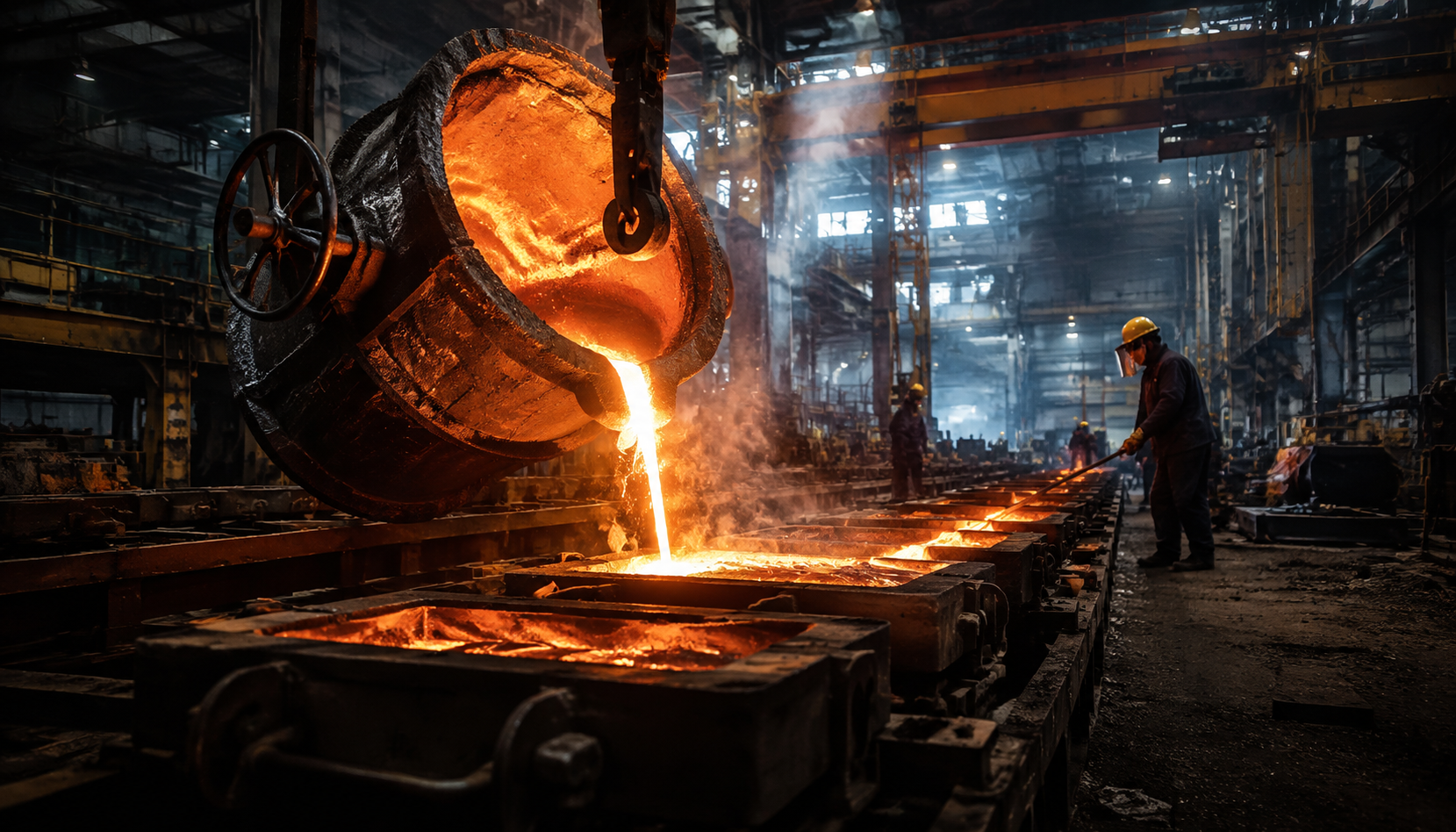 Molten metal being poured in a large casting foundry
