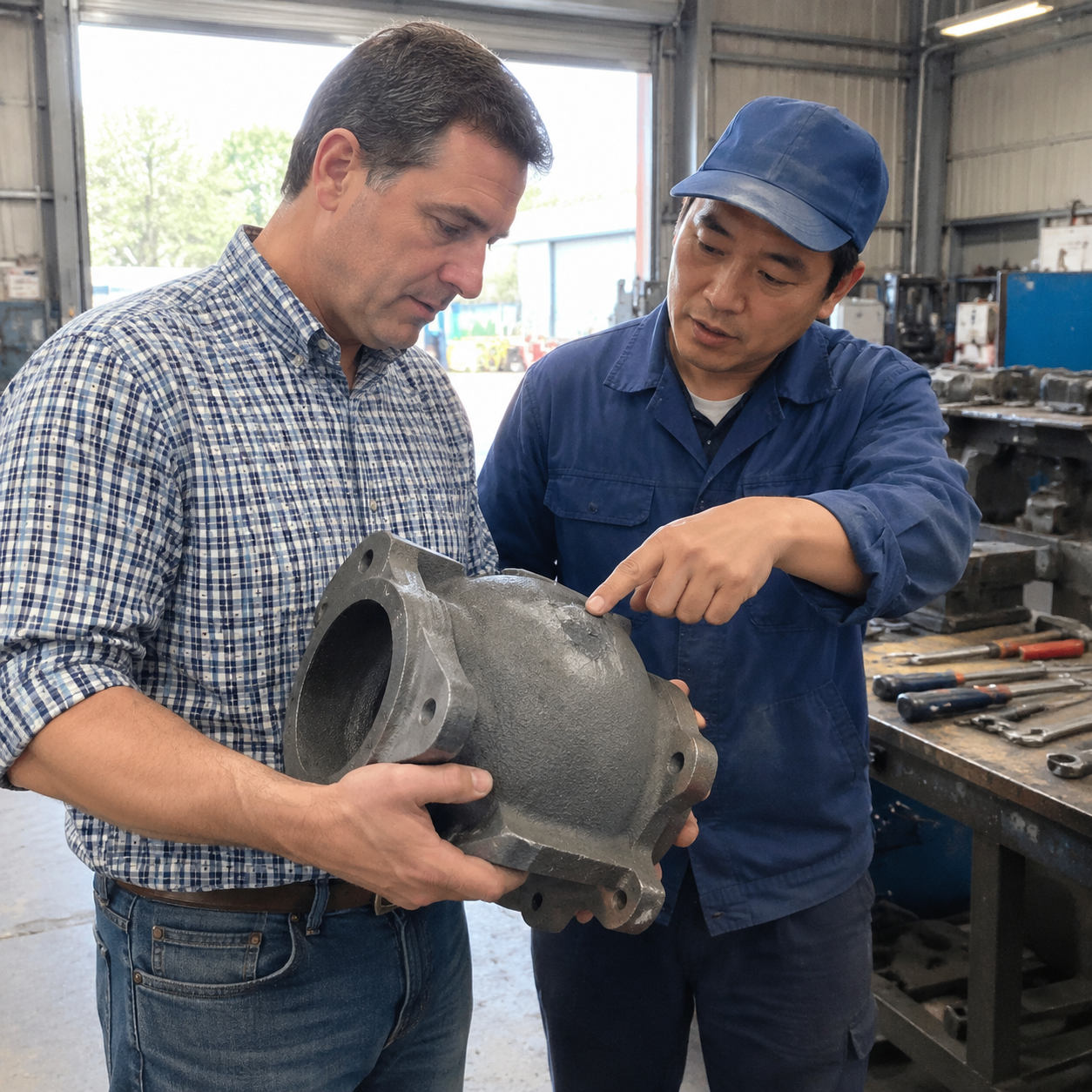 Buyer and foundry engineer inspecting a ductile iron casting