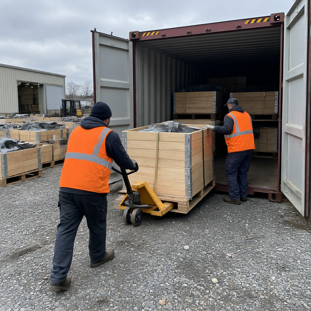 Crates of castings loaded into a shipping container in a factory yard