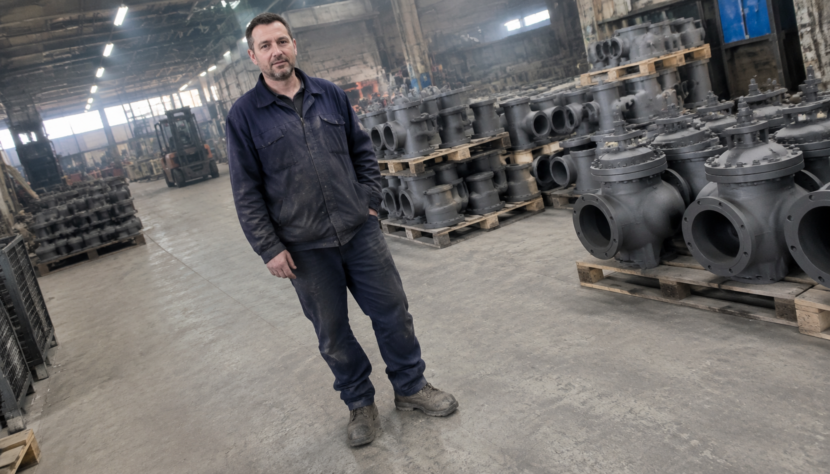 Stacked ductile iron valve bodies and fittings on pallets inside a foundry