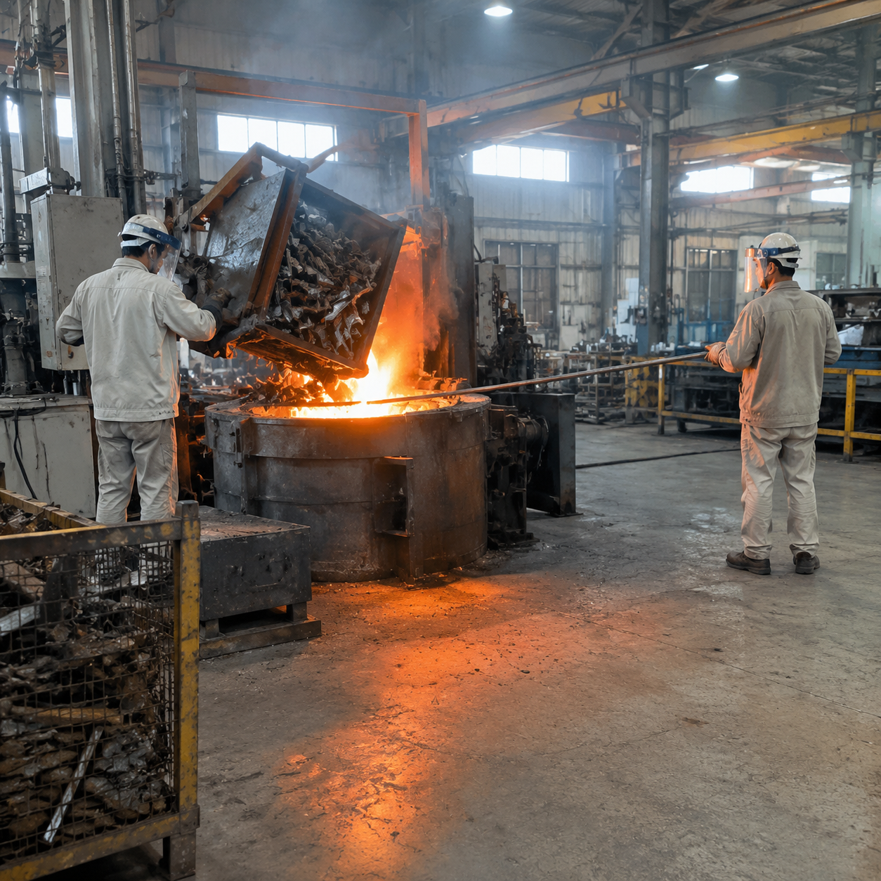 Workers charging scrap steel into an induction furnace
