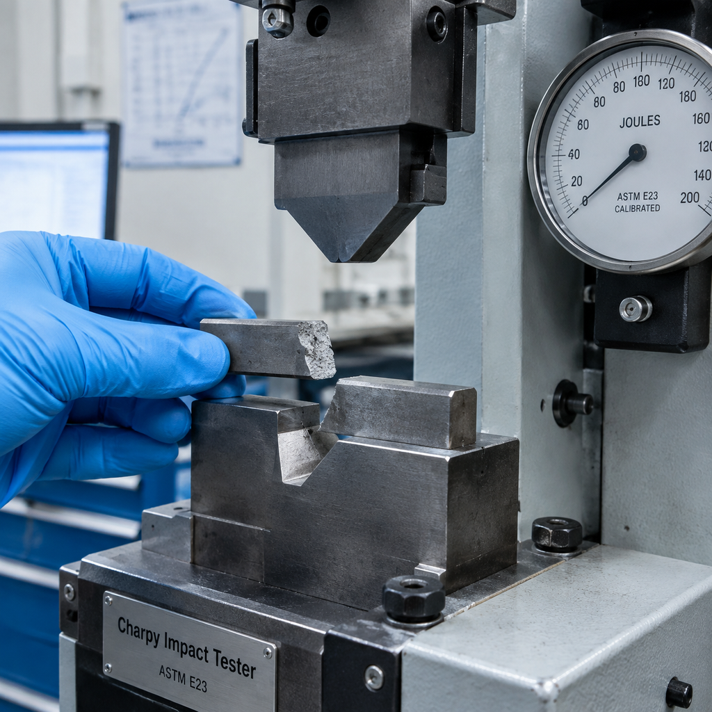 Charpy V-notch impact testing machine in a materials lab