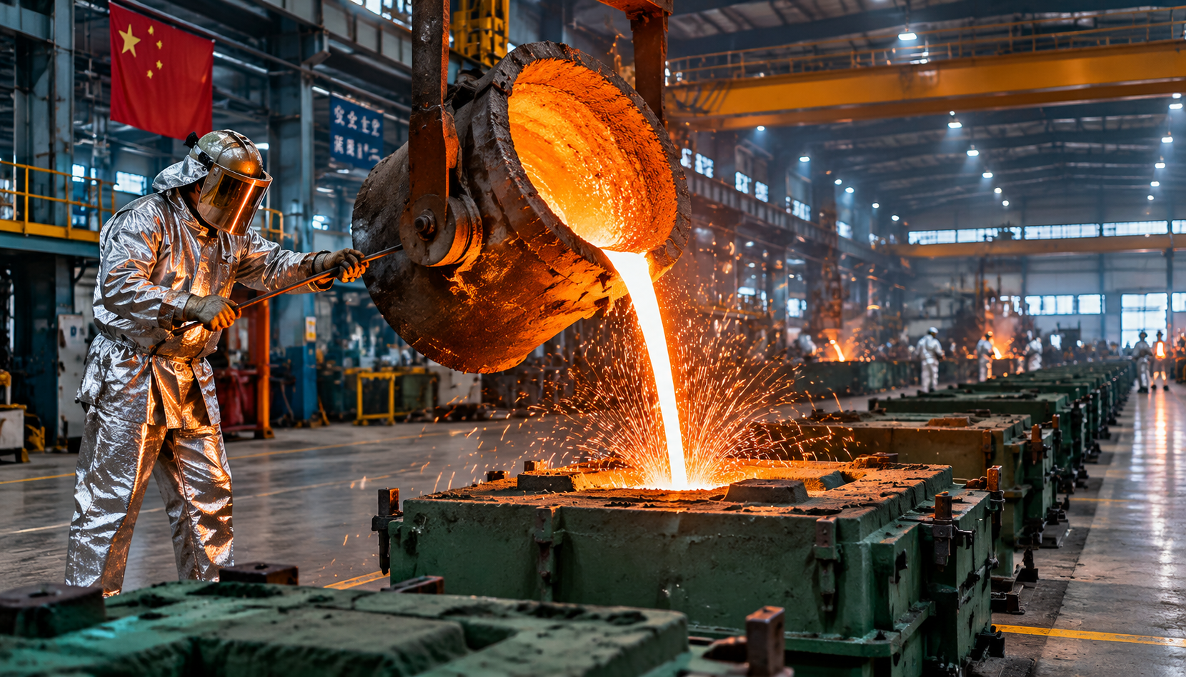 Foundry worker pouring molten metal into a sand mold