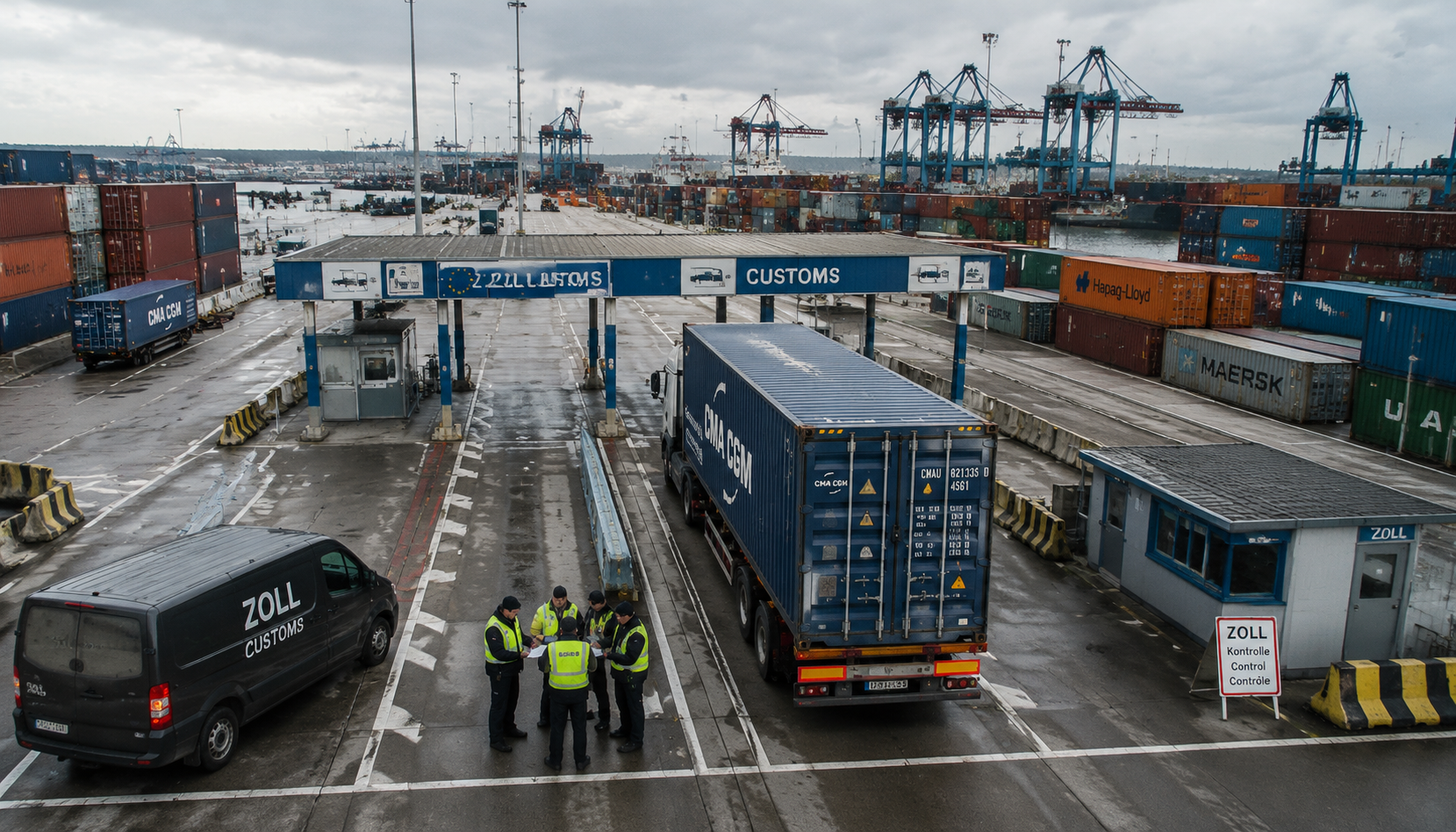 Cargo containers at a European port, customs inspection area