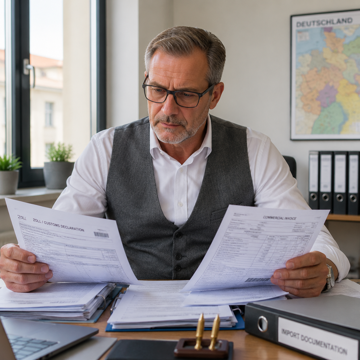 German purchasing manager in his office reviewing import documents