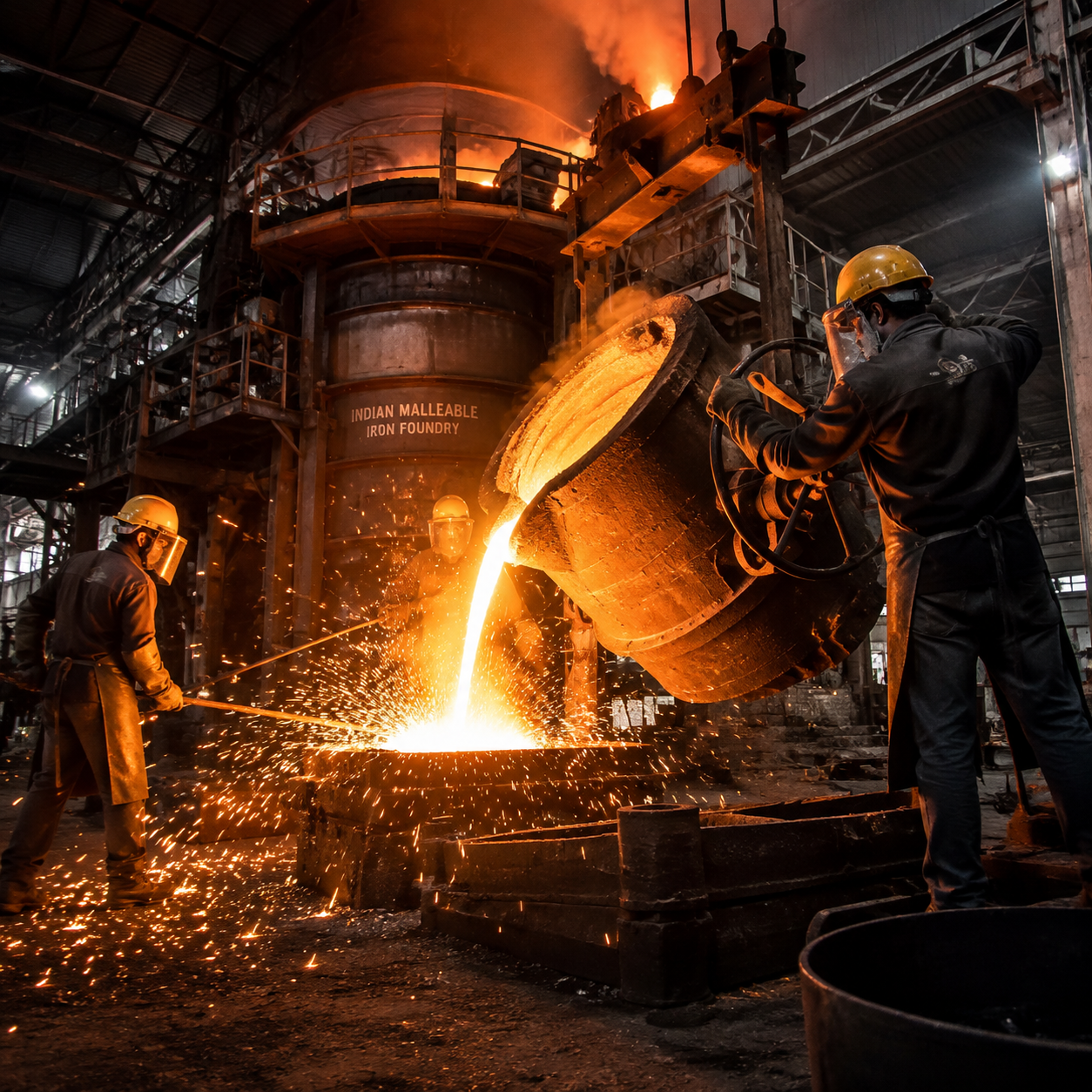 Industrial foundry in India pouring molten iron