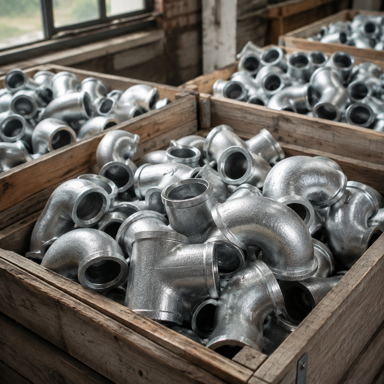 Boxes of unthreaded malleable iron fittings at a warehouse