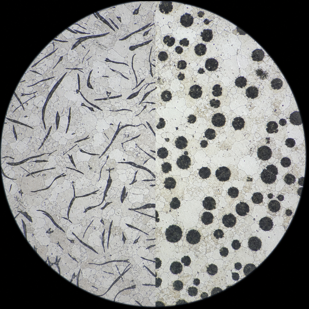 Microstructure comparison of flake graphite grey iron and nodular graphite ductile iron