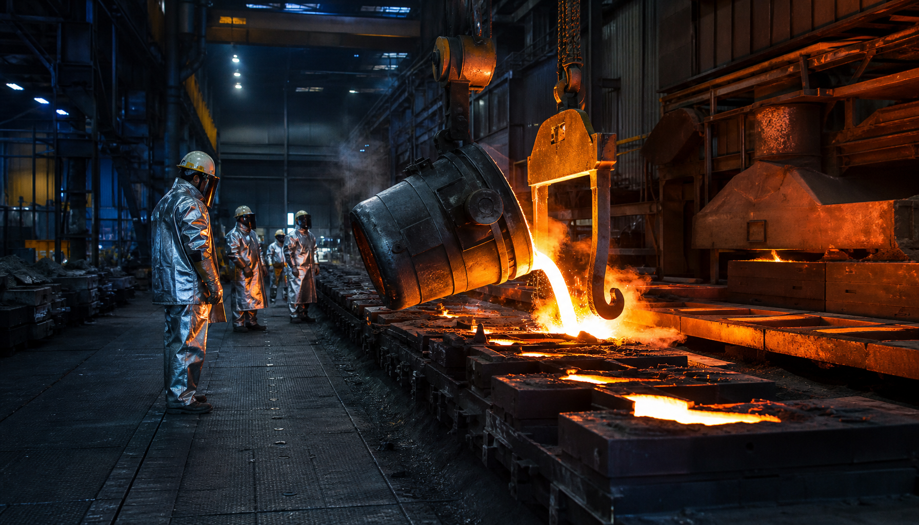 European iron foundry pouring molten metal