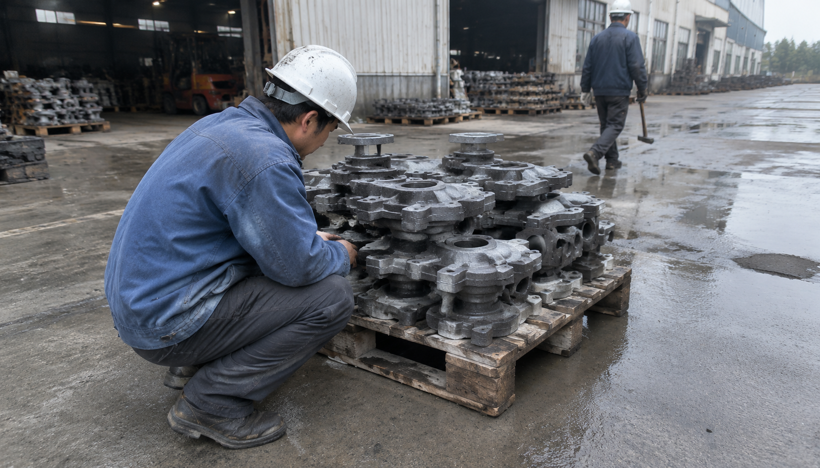 Worker inspecting gray iron castings stacked on a pallet outside a foundry