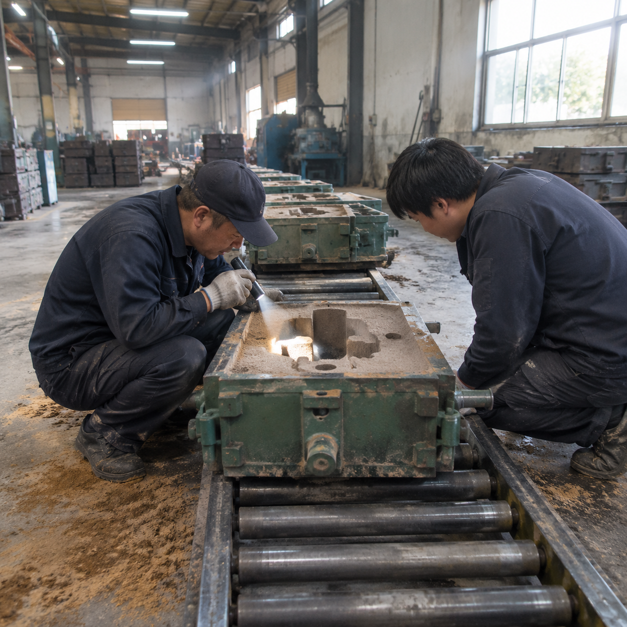 Workers preparing a green sand mold on a foundry conveyor line