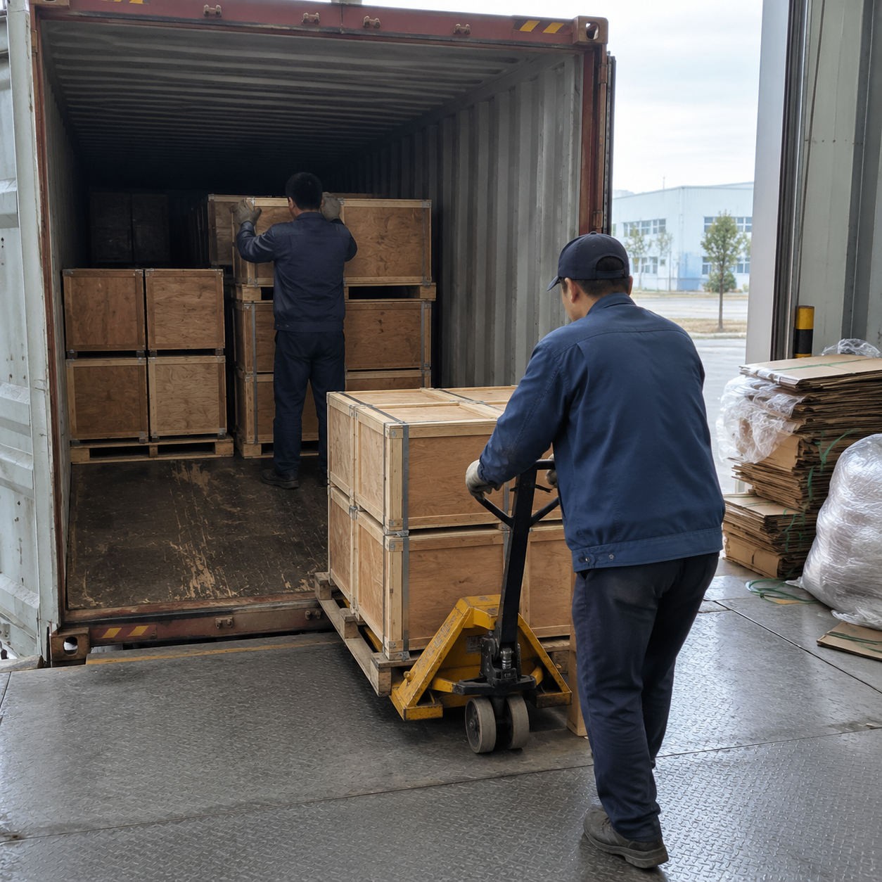 Workers loading crated castings into a shipping container at a foundry loading dock