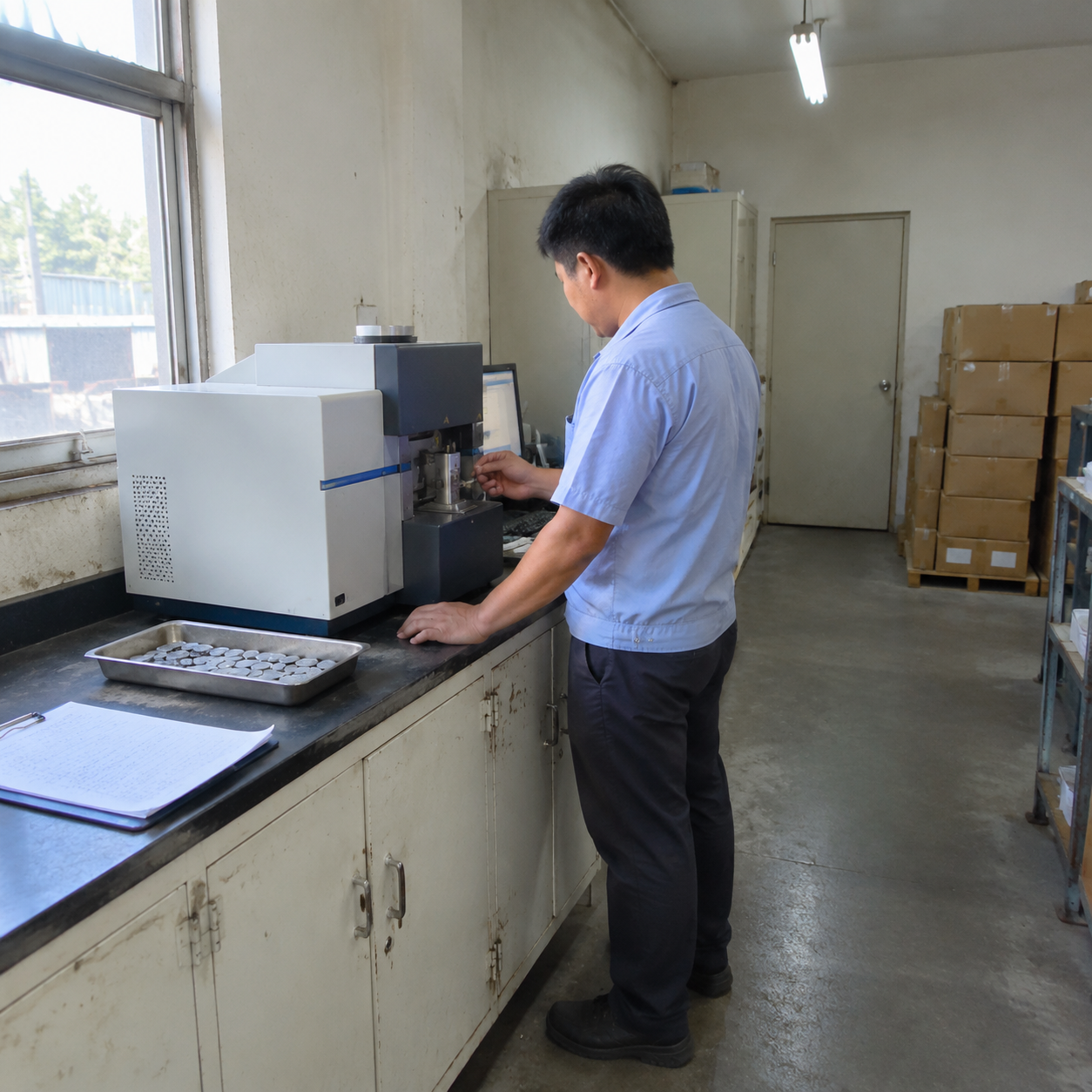 Foundry technician running a sample on an optical emission spectrometer