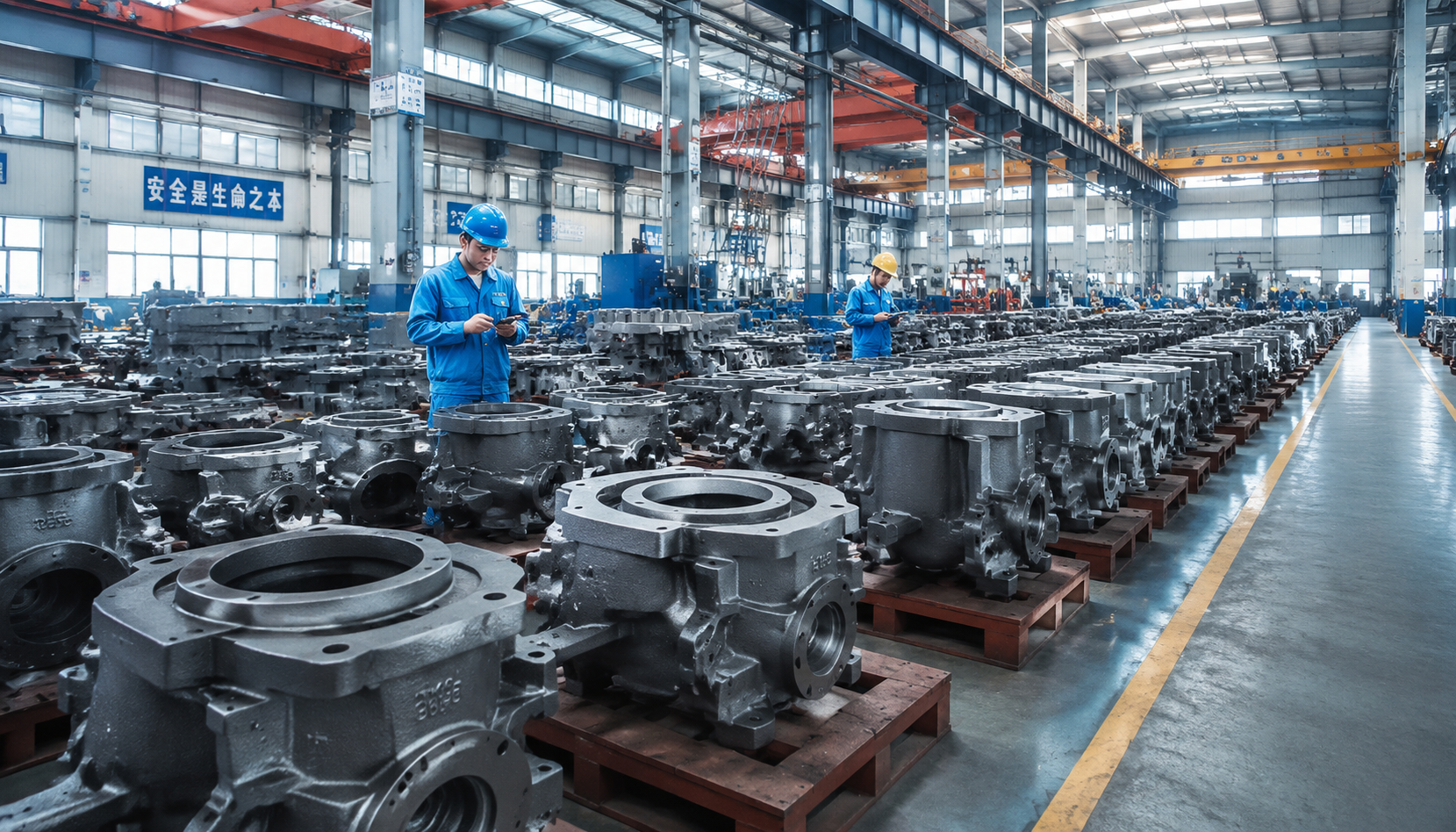 Modern Chinese iron casting foundry with workers inspecting gray iron castings
