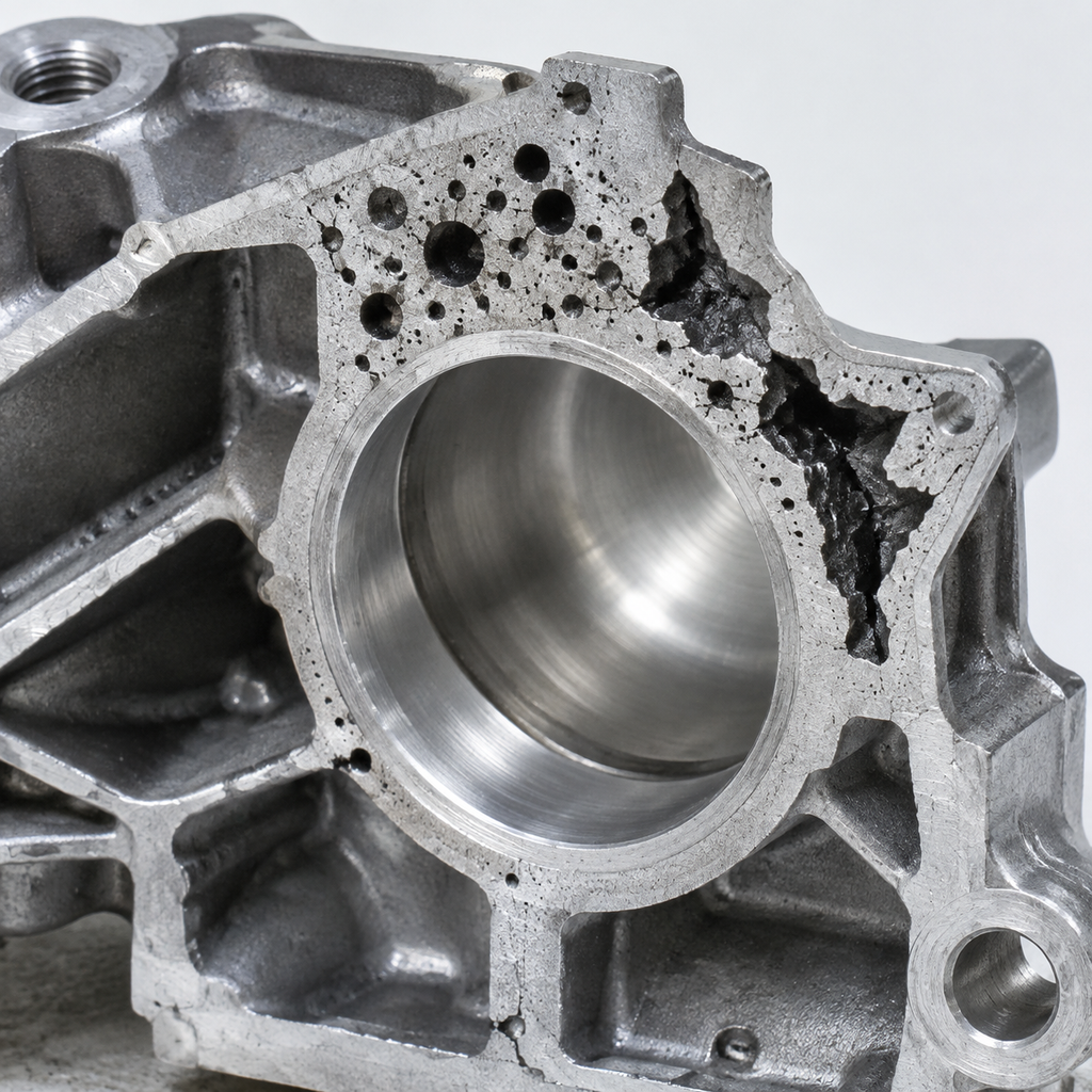 Sectioned aluminum gearbox housing showing gas porosity and shrinkage voids