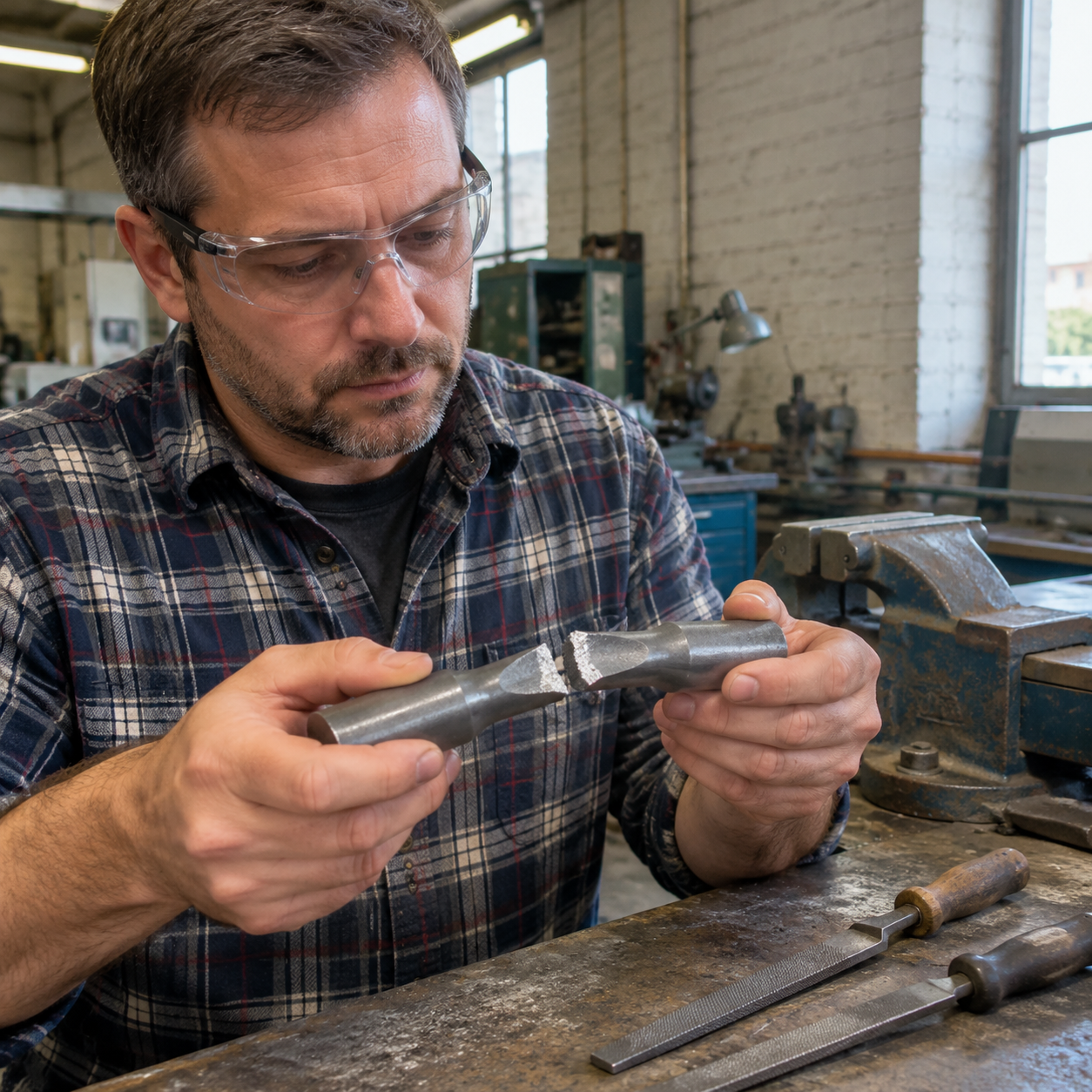 Broken gray iron tensile test bar held by a worker